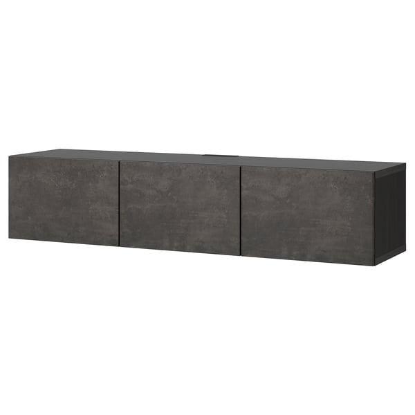 BESTÅ طاولة تلفزيون مع أبواب, أسود-بني/Kallviken مظهر الخرسانة, 180x42x38 سم