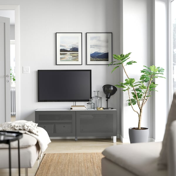BESTÅ طاولة تلفزيون مع أدراج, أبيض/Lappviken/Stubbarp رمادي غامق, 120x42x48 سم
