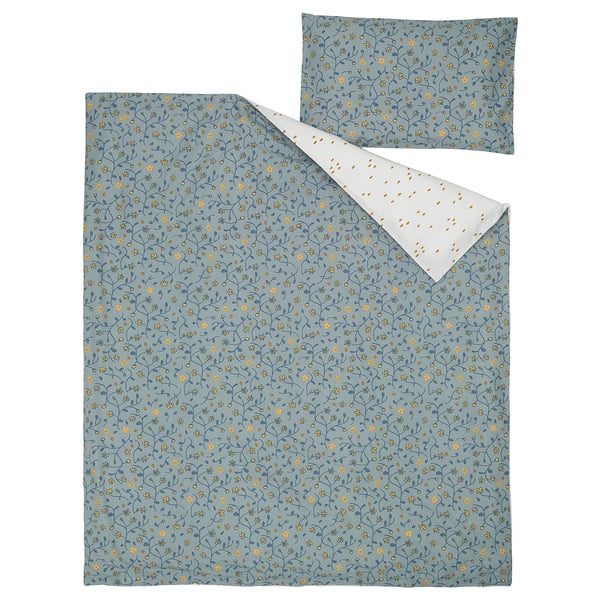 GULDVÄVARE غطاء لحاف وغطاء مخدة واحد للأطفال, أزرق/أبيض نقش زهور, 110x125/35x55 سم