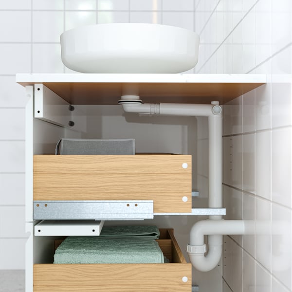 HAVBÄCK / VINDELÄLVEN خزانة حوض بأدراج/حوض مغسلة, رمادي غامق/أبيض شكل المرمر, 102x49x77 سم