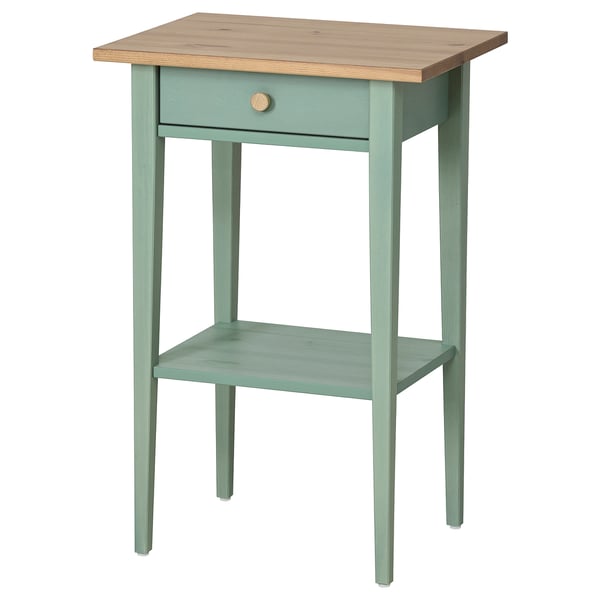 HEMNES طاولة سرير جانبية, رمادي-أخضر/بني فاتح, 46x35 سم