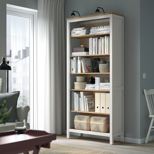 HEMNES مكتبة, أبيض/بني فاتح, 90x197 سم