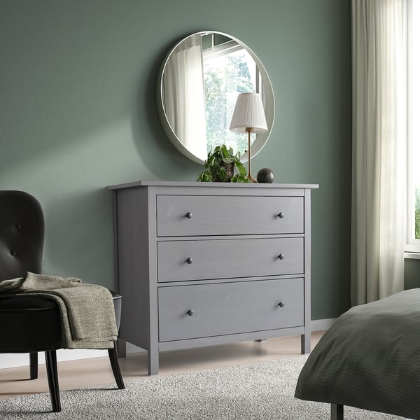 HEMNES خزانة بـ 3 أدراج, رمادي مصبوغ, 108x96 سم