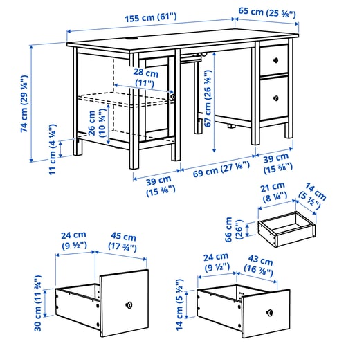 HEMNES مكتب, أبيض/بني فاتح, 155x65 سم