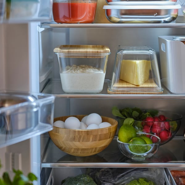 IKEA 365+ حافظة طعام بغطاء, مستطيل زجاج/خيزران, 1.8 ل