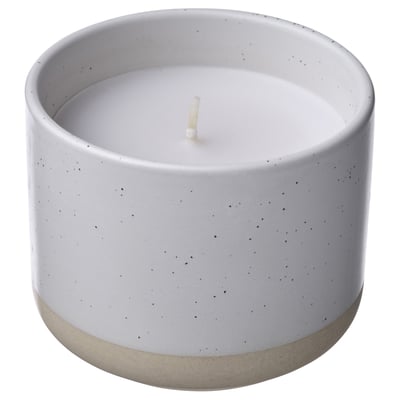 JÄMLIK شمعة معطرة في برطمان خزفي, فانيلا/أبيض, 25 س