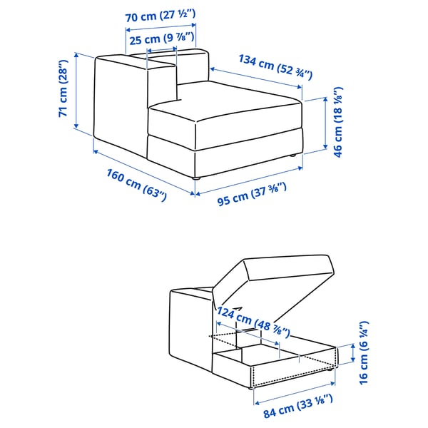 JÄTTEBO وحدة أريكة طويلة، يسار, مع مسند ذراعين/Samsala أزرق غامق