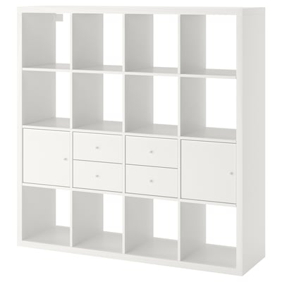 KALLAX وحدة أرفف مع 4 تركيبات داخلية, أبيض, ‎147x147 سم‏
