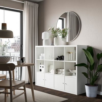 KALLAX وحدة أرفف مع 4 تركيبات داخلية, أبيض, ‎147x112 سم‏