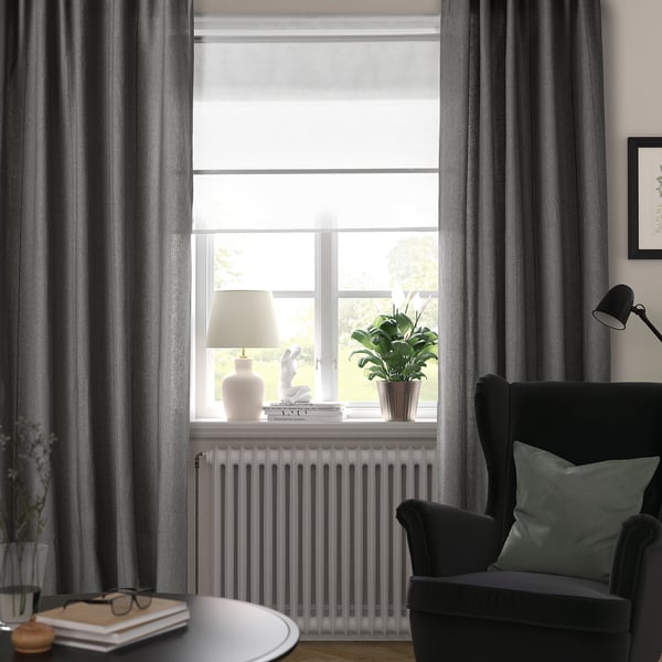 LENDA زوج ستائر مع مرابط, رمادي غامق/مع شريط ستارة, 140x300 سم