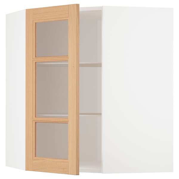 METOD خزانة حائط زاوية+أرفف/ب. زجاجي, أبيض/Vedhamn سنديان, 68x80 سم