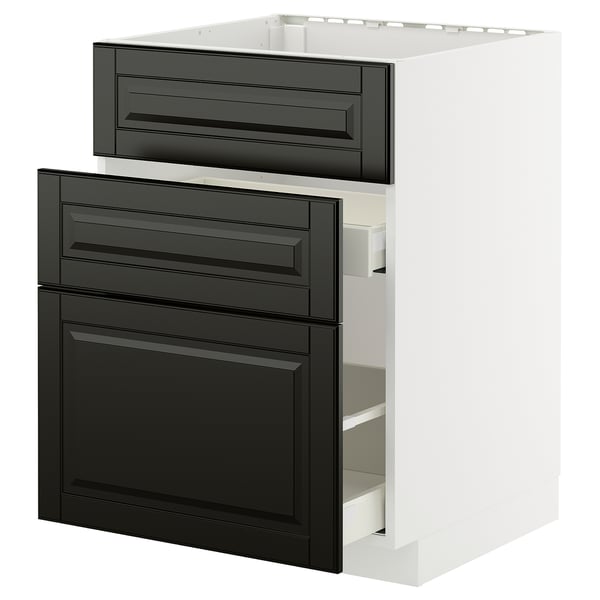 METOD / MAXIMERA خزانة قاعدة لحوض+3 واجهات/درجان, أبيض/Bodbyn أسود, 60x60 سم