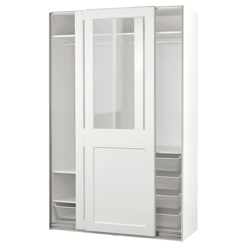 PAX / GRIMO دولاب ملابس مع أبواب سحّابة, أبيض/زجاج شفاف أبيض, 150x66x236 سم