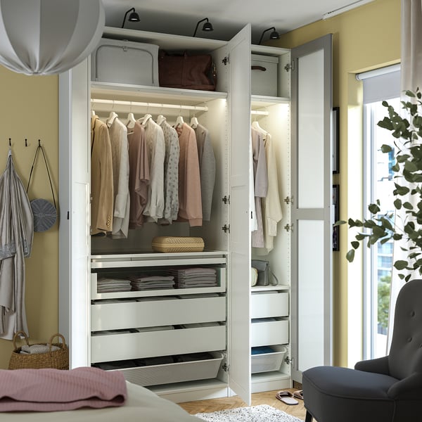 PAX / KAMMARTORP/TYSSEDAL تشكيلة دولاب ملابس., أبيض زجاج مرايا/رمادي أبيض, 150x60x236 سم