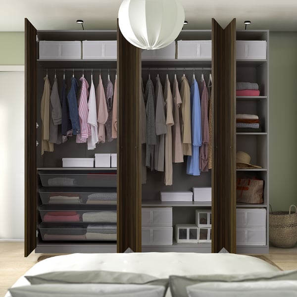 PAX / STORKLINTA تشكيلة دولاب ملابس., رمادي غامق/بني غامق مظهر سنديان مصبوغ, 250x60x236 سم