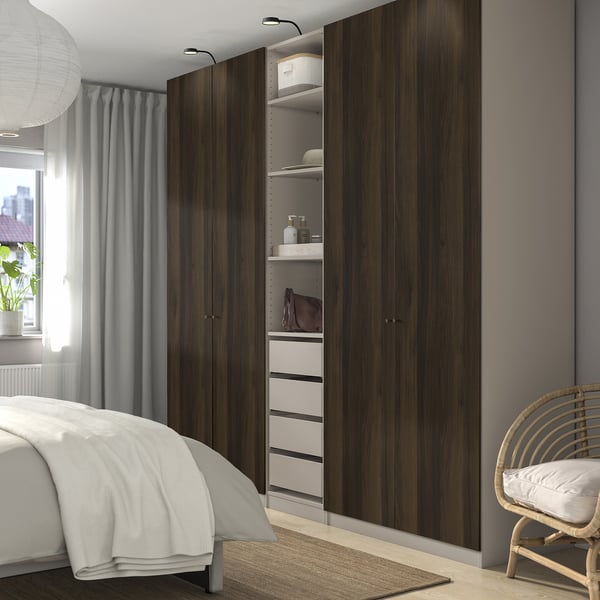 PAX / STORKLINTA تشكيلة دولاب ملابس., رمادي-بيج/بني غامق مظهر سنديان مصبوغ, 250x58x236 سم
