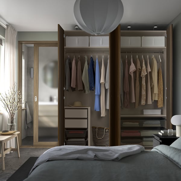 PAX / STORKLINTA تشكيلة دولاب ملابس., رمادي-بيج/بني غامق مظهر سنديان مصبوغ, 200x66x236 سم