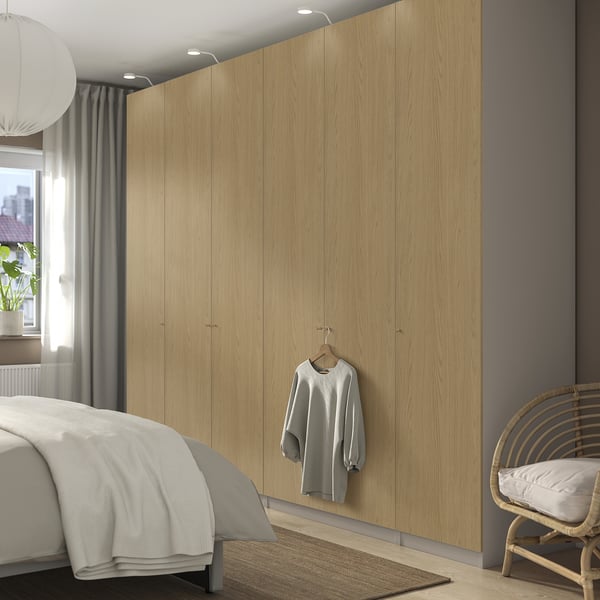 PAX / STORKLINTA تشكيلة دولاب ملابس., رمادي-بيج/شكل السنديان, 300x60x236 سم