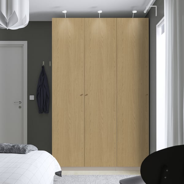 PAX / STORKLINTA تشكيلة دولاب ملابس., رمادي-بيج/شكل السنديان, 150x60x236 سم