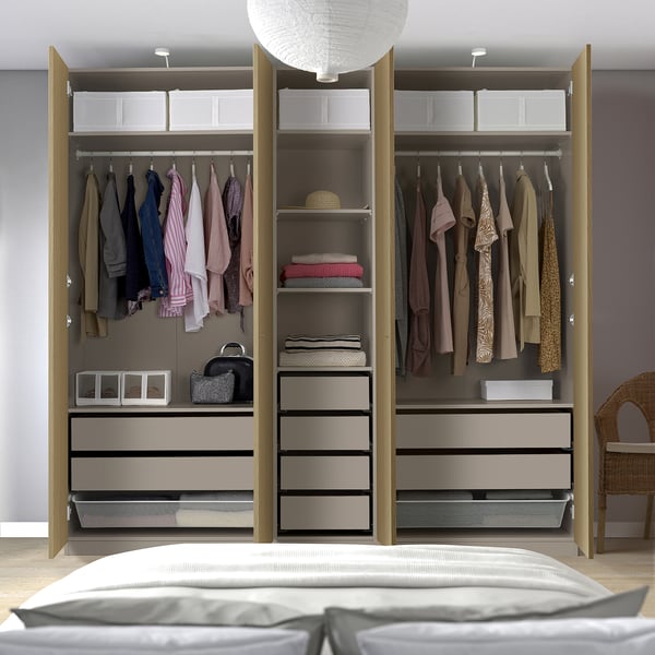 PAX / STORKLINTA تشكيلة دولاب ملابس., رمادي-بيج/شكل السنديان, 250x58x236 سم