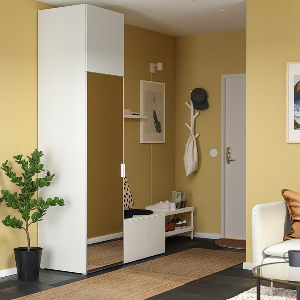 PLATSA دولاب ملابس مع 4 أبواب., أبيض STRAUMEN زجاج مرآة/FONNES أبيض, 140x57x241 سم