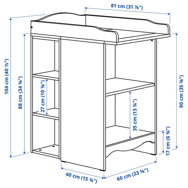 SMÅGÖRA طاولة تغيير/رف كتب مع وحدتي رف, أبيض, 60x81x104 سم