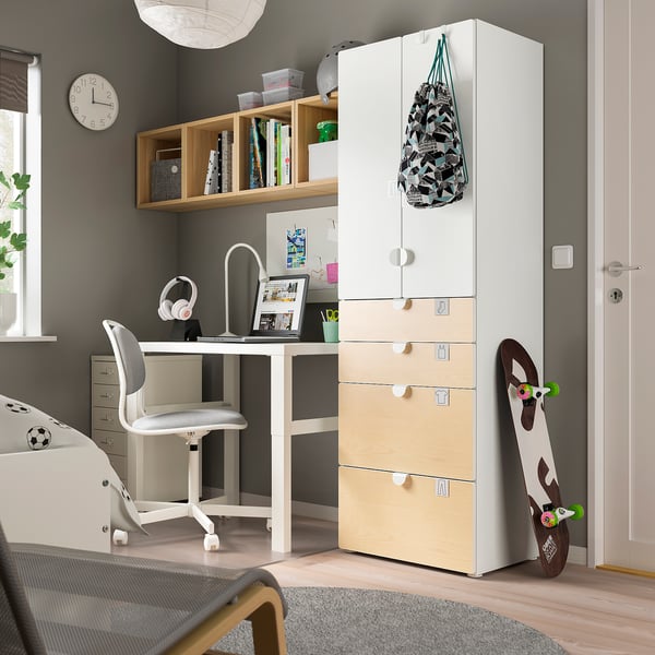 SMÅSTAD / PLATSA دولاب ملابس, أبيض/بتولا مع 4 أدراج, 60x57x181 سم