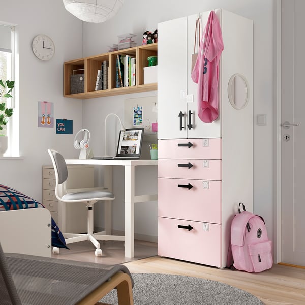 SMÅSTAD / PLATSA دولاب ملابس, أبيض وردي فاتح/مع 4 أدراج, 60x57x181 سم