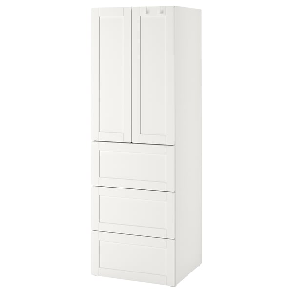 SMÅSTAD / PLATSA دولاب ملابس, أبيض مع إطار/مع 3 أدراج, 60x57x181 سم