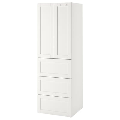 SMÅSTAD / PLATSA دولاب ملابس, أبيض مع إطار/مع 3 أدراج, ‎60x57x181 سم‏