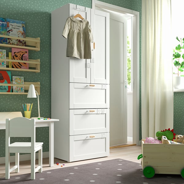 SMÅSTAD / PLATSA دولاب ملابس, أبيض مع إطار/مع 3 أدراج, 60x57x181 سم