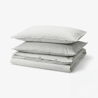 SOLFIBBLA غطاء لحاف و ٢ غطاء مخدة, رمادي أبيض/شريط, ‎240x220/50x80 سم‏