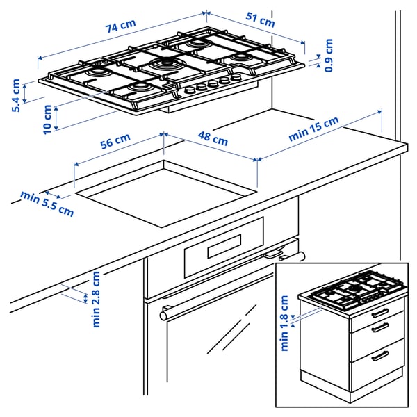 VASASTAN رأس طبخ غازي, IKEA 700 زجاج/أسود, 74 سم