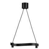 ACKJA black pendant lamp, wave-shaped, steel & plastic, hangs above tables, modern design.