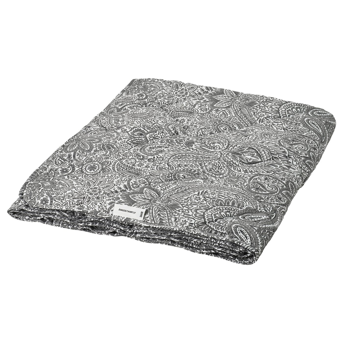 Grey and white patterned duvet blanket with paisley design, rectangular, light, and cosy.