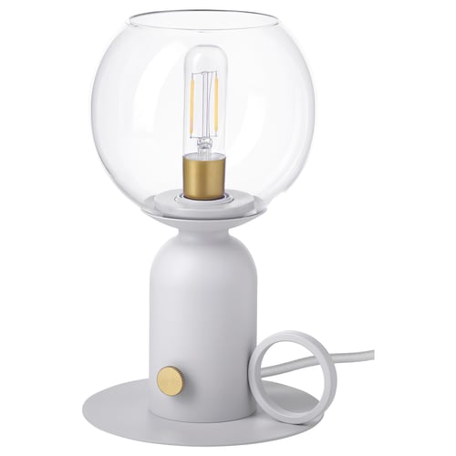 ÅSKMULLER modern lamp, grey, round, glass shade, visible bulb, adjustable dimmer.