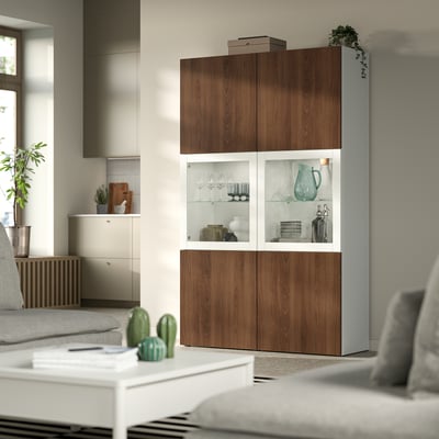 BESTÅ Storage combination w glass doors, white Lappviken/brown walnut effect, 120x42x193 cm