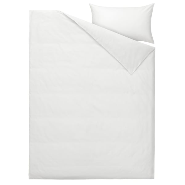 White bedding set with duvet and pillowcases, crisp and elegant, sateen-woven cotton.