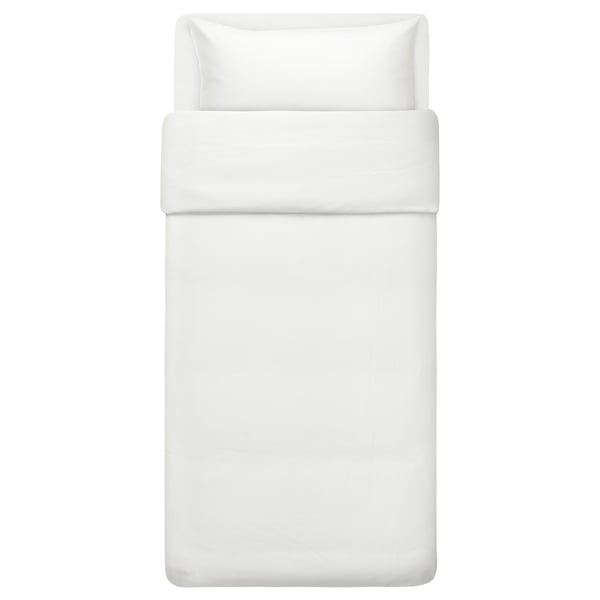 A white bjorkal duvet set. It is neatly made with a solid white colour, rectangular shape, and smooth sateen weave.