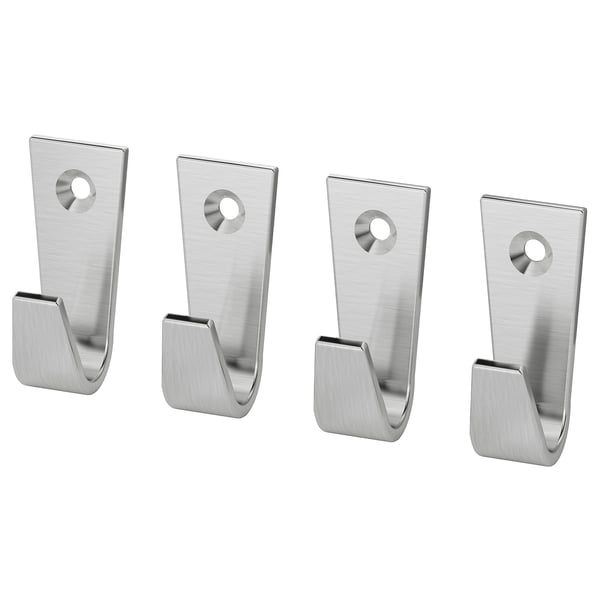 Four silver BLECKA hooks, rectangular with curved ends, arranged in a row. Made of zinc and nickel-plated. Perfect for hanging items.
