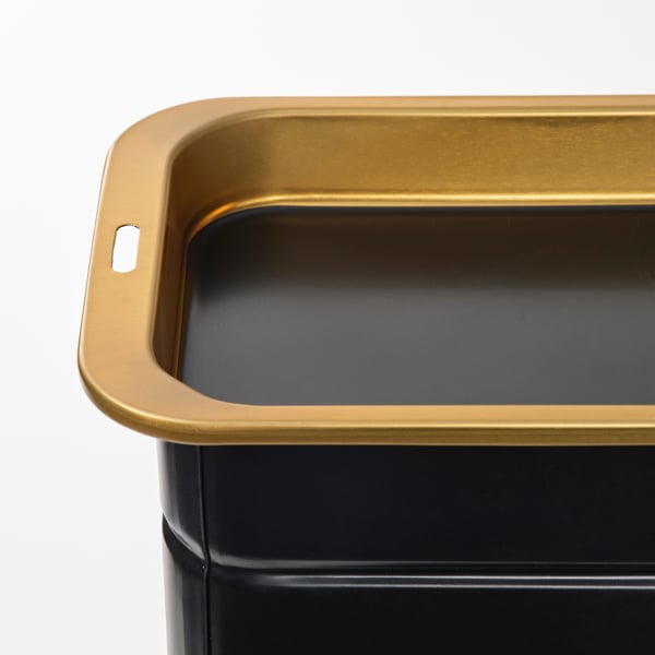 Square, gold-lined metal box with handle, ideal for storing coffee or tea.