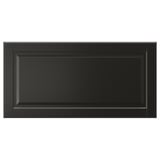Black BODBYN drawer front, sleek bevelled panel, rectangular, lacquered fiberboard.