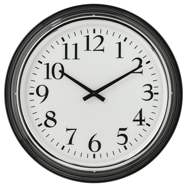 Round, black and white clock with silent quartz movement, black numbers and hands, stainless steel frame.