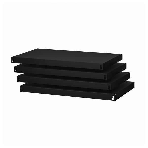 A stack of four black, rectangular BROR shelves, designed for heavy-duty storage.