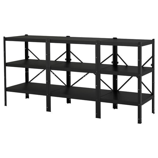 Black ikea BROR storage unit with multiple shelves.