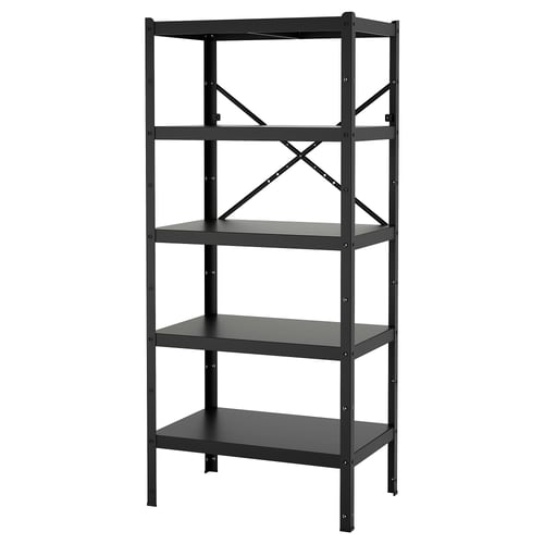 A black metal BROR shelving unit with four shelves, sturdy and durable for heavy items.