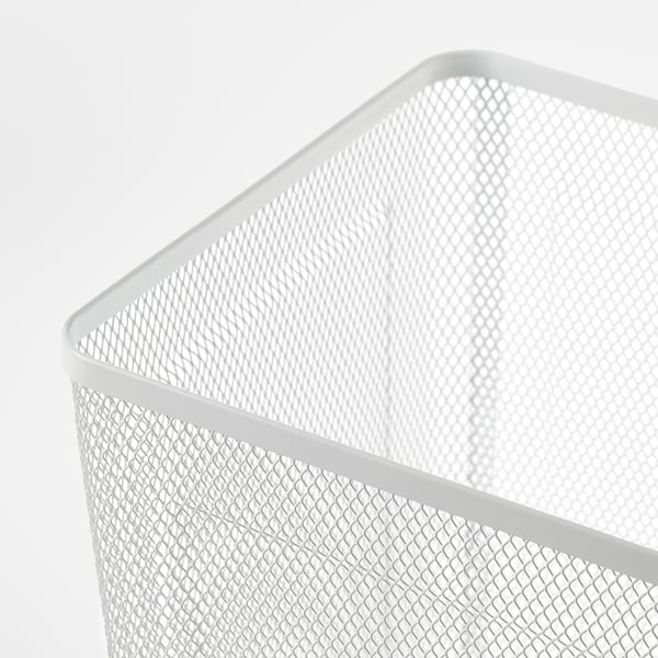 Close-up of a white mesh bin. Sturdy metal construction and smooth, rounded edges.