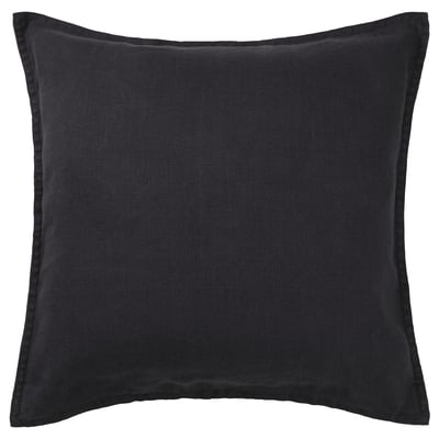 Black square throw pillow with linen texture and zip closure.
