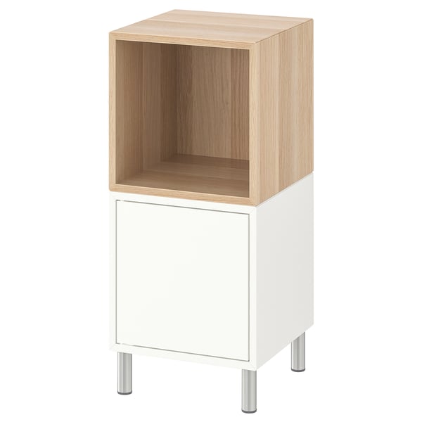 EKET storage unit, white with wood top, combining open and closed storage. Four metal legs for a modern look.