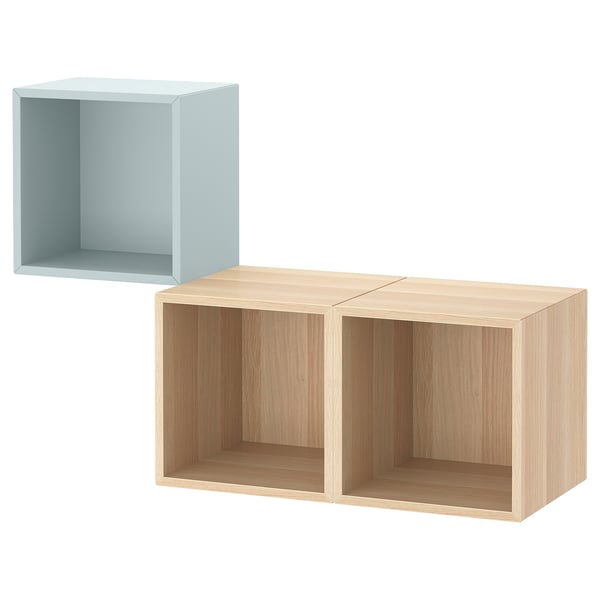 Ikea EKET wall storage set, light blue & oak cubes.